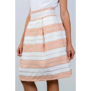 NWT BEULAH Striped Pleated Sheer Knee Length Skirt Peach White Size Medium